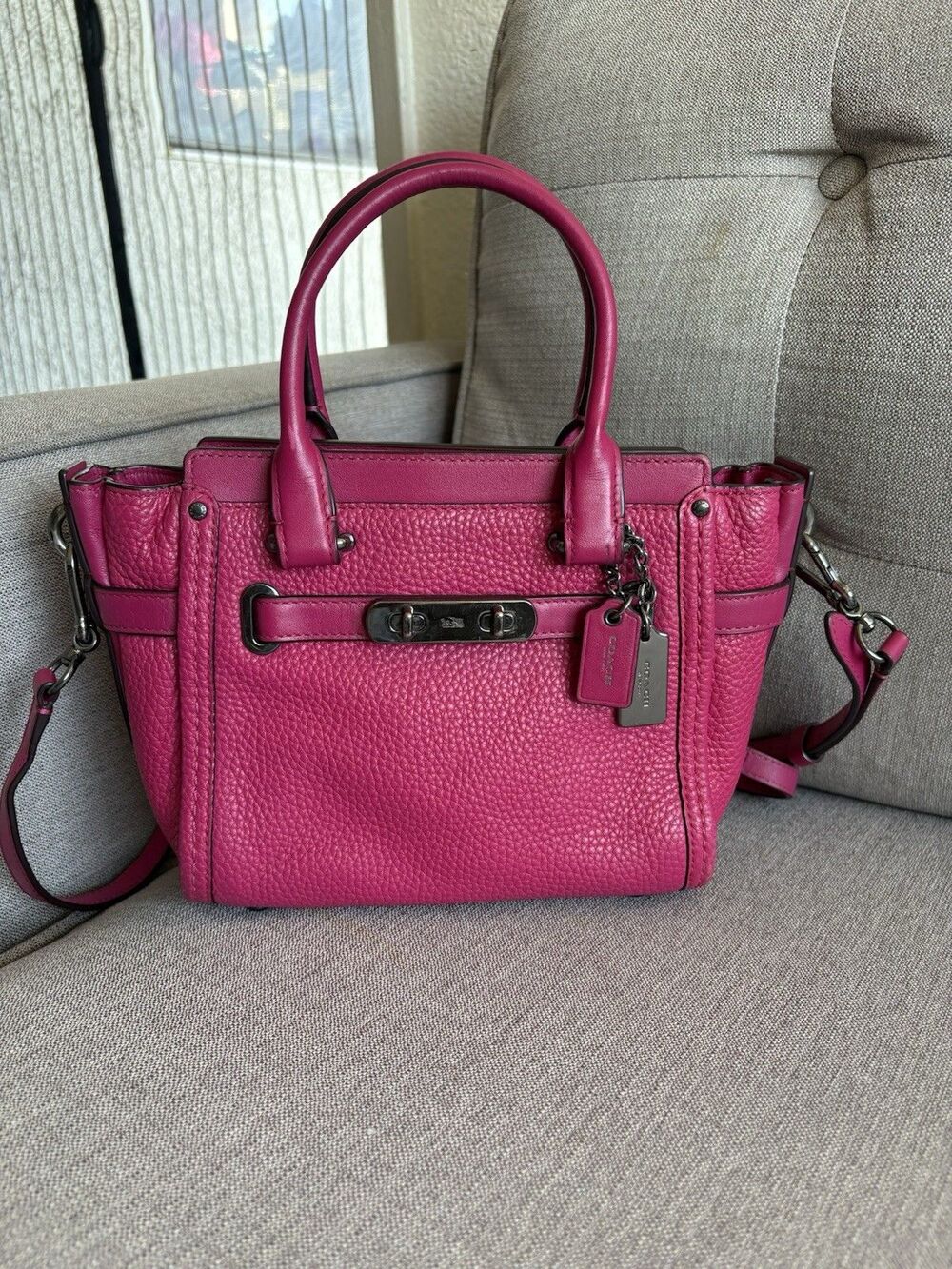 COACH Mini Swagger 21 Pebble Leather Satchel  Pink Crossbody Bag Authentic